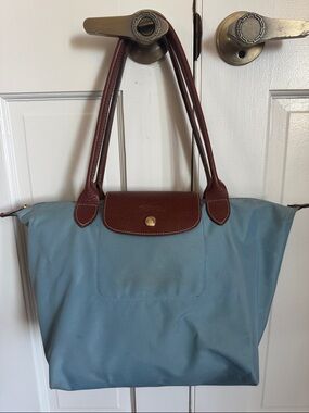 Longchamp Light Blue Nylon Tote with Brown Leather Trim